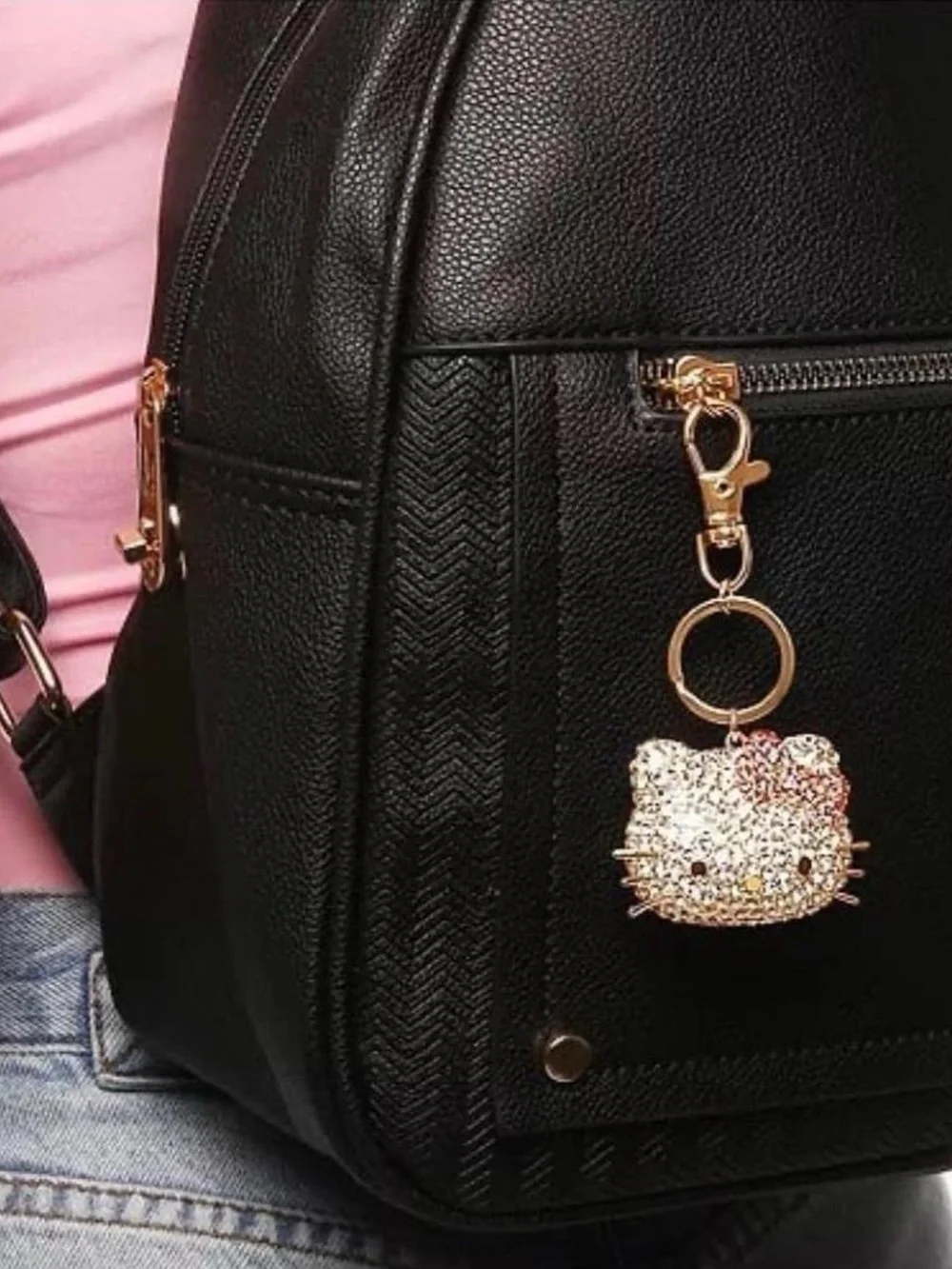 Hello Kitty Crystal Keychain Bag/Backpack Charm - Gold and Pink